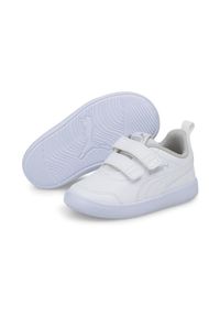 Buty Puma Courtflex v2 V Inf, Dzieci. Kolor: biały, szary, fioletowy, wielokolorowy. Materiał: materiał, syntetyk. Sport: turystyka piesza