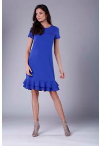 Nommo - Chabrowa Uniwersalna Midi Sukienka z Małą Falbanką. Kolor: niebieski. Materiał: wiskoza, poliester. Wzór: kwiaty. Długość: midi