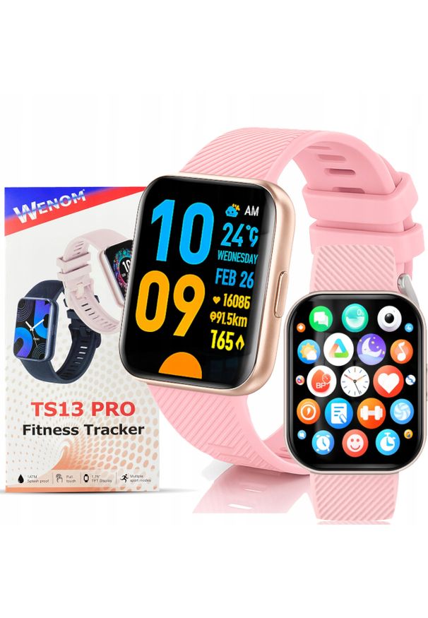 Smartwatch Wenom Smartwatch męski / damski - rozmowy, sport, zdrowie, IP68, Różowy Ciśnienie. Rodzaj zegarka: smartwatch. Kolor: różowy. Styl: sportowy