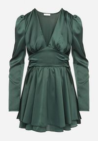 Born2be - Ciemnozielona Satynowa Sukienka Mini z Głębokim Dekoltem i Wiązaniem z Tyłu Liadan. Okazja: na imprezę. Kolor: zielony. Materiał: satyna. Styl: elegancki. Długość: mini #6