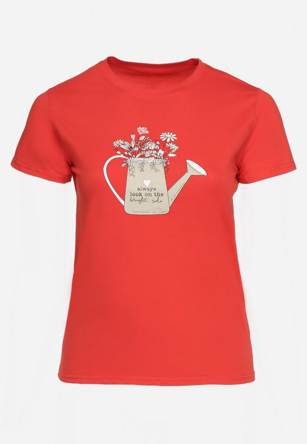 Born2be - Czerwony Bawełniany T-shirt z Ozdobnym Nadrukiem Littana. Okazja: na co dzień. Kolor: czerwony. Materiał: bawełna. Wzór: nadruk. Sezon: lato, wiosna. Styl: klasyczny, casual