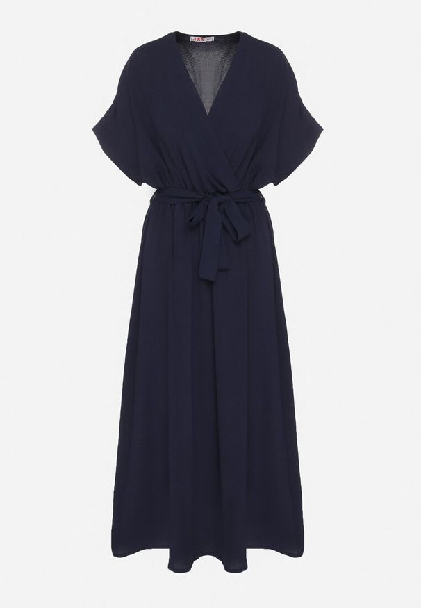 Born2be - Granatowa Sukienka z Bawełną i Ozdobnym Paskiem Lunistra. Okazja: na co dzień. Kolor: niebieski. Materiał: bawełna. Wzór: aplikacja. Styl: casual, klasyczny, elegancki