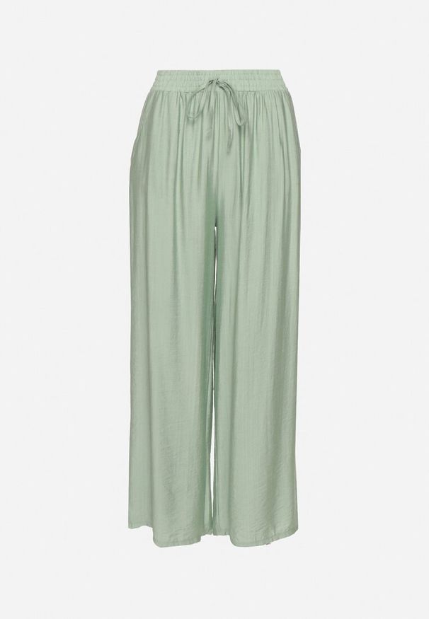 Born2be - Miętowe Szerokie Spodnie Palazzo z Wysokim Stanem i Wiązaniem Myrlevia. Okazja: na co dzień. Stan: podwyższony. Kolor: zielony. Styl: elegancki, casual, klasyczny