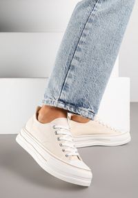 Born2be - Beżowe Klasyczne Trampki na Grubej Podeszwie Natileva. Okazja: na co dzień. Kolor: beżowy. Materiał: jeans. Szerokość cholewki: normalna. Styl: klasyczny #6