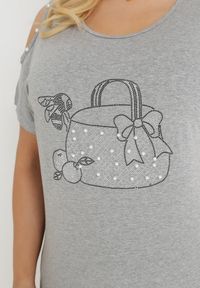 Born2be - Szara Bluzka Oversize z Nadrukiem i Cyrkoniami Gerris. Kolor: szary. Wzór: nadruk