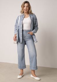 Born2be - Niebieskie Jeansy Kuloty z Bawełną o Szerokim Kroju z Wysokim Stanem z Przeszyciami Hippesilea. Okazja: na co dzień. Stan: podwyższony. Kolor: niebieski. Styl: casual #5