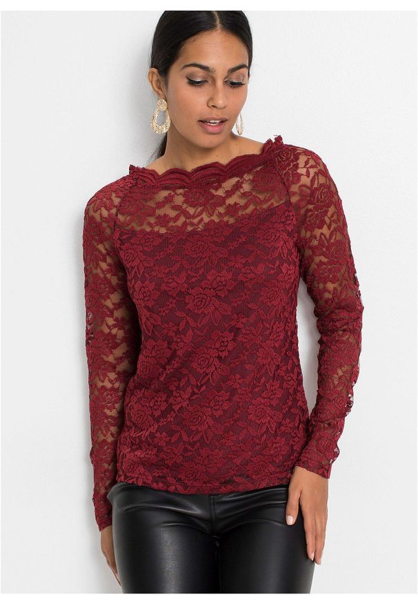 bonprix - Koronkowa bluzka z długim rękawem. Kolor: czerwony. Materiał: koronka. Długość rękawa: długi rękaw. Długość: długie