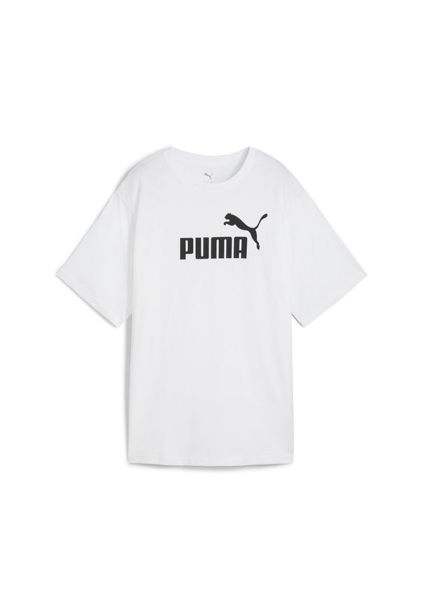 Puma - Damska luźna koszulka Essentials z logo No.1 PUMA. Kolor: biały. Materiał: guma. Wzór: nadruk. Sport: fitness