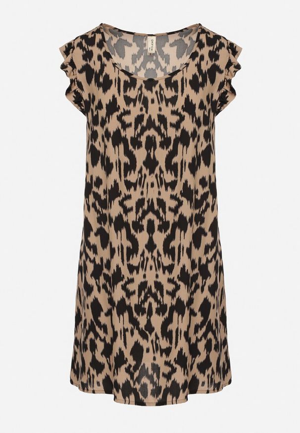 Born2be - Ciemnobeżowa Sukienka z Bawełny o Rozkloszowanym Kroju z Falbankami Zamiast Rękawów Jenalinea. Okazja: na co dzień. Typ kołnierza: kołnierz z falbankami. Kolor: beżowy. Materiał: bawełna. Typ sukienki: rozkloszowane. Styl: casual, elegancki