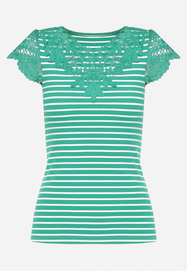 Born2be - Zielony Bawełniany T-shirt z Prążkowanego Materiału z Koronkowym Dekoltem i Rękawkami Hyacintia. Kolor: zielony. Materiał: koronka, bawełna, prążkowany, materiał. Długość rękawa: krótki rękaw