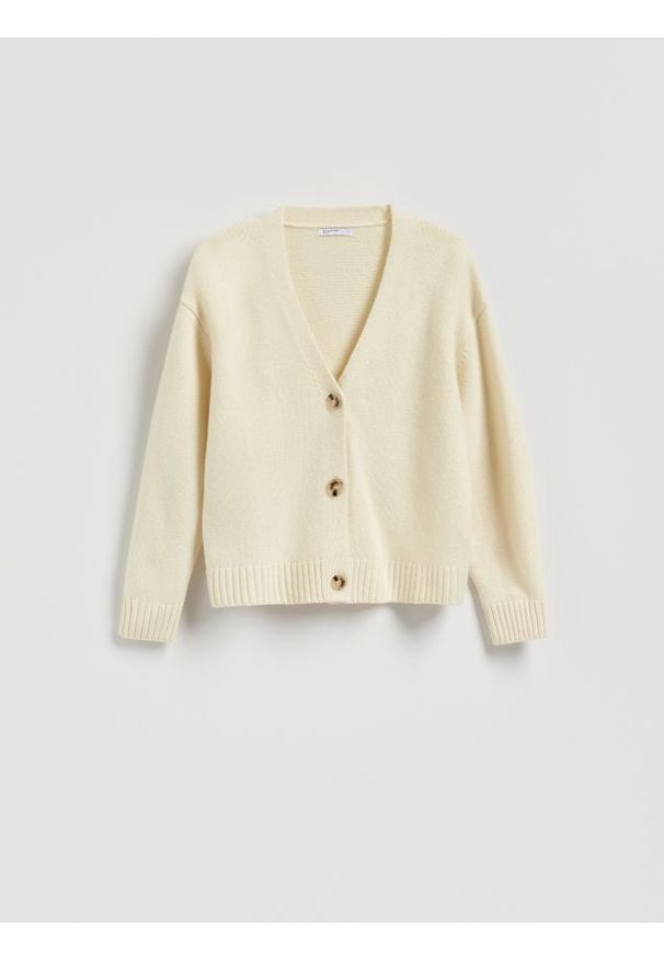 Reserved - Wełniany kardigan - jasnożółty. Kolor: żółty. Materiał: wełna