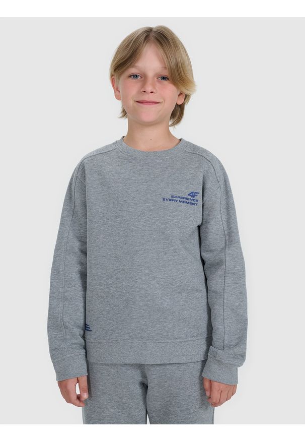 4f - 4F Bluza dresowa nierozpinana bez kaptura chłopięca - szara 128 (7-8 lat). Okazja: na co dzień. Typ kołnierza: bez kaptura. Kolor: szary. Materiał: dresówka. Wzór: gładki, ze splotem, napisy. Sezon: lato. Styl: klasyczny, sportowy, casual