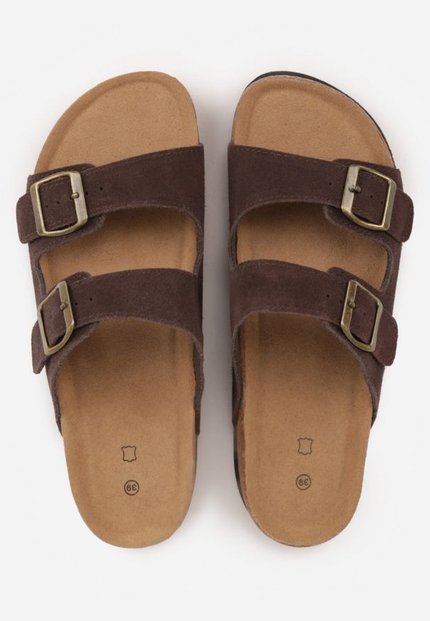 Renee - Brązowe Zamszowe Klapki Klasyczne z Regulowanymi Paskami ze Sprzączkami Shirinixis. Okazja: na co dzień. Kolor: brązowy. Materiał: zamsz. Wzór: paski. Sezon: lato. Styl: klasyczny