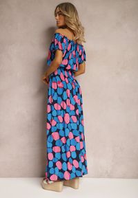 Renee - Granatowo-Różowa Sukienka Hiszpanka z Bawełny z Modelującą Gumką w Pasie Vearica. Typ kołnierza: dekolt hiszpanka. Kolor: niebieski. Materiał: bawełna. Sezon: lato #3