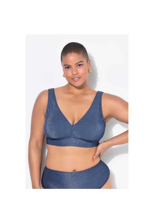 ULLA POPKEN - Damski Top bikini miękkie miseczki brokat. Kolekcja: plus size. Kolor: niebieski. Materiał: poliester, materiał, poliamid, włókno, elastan