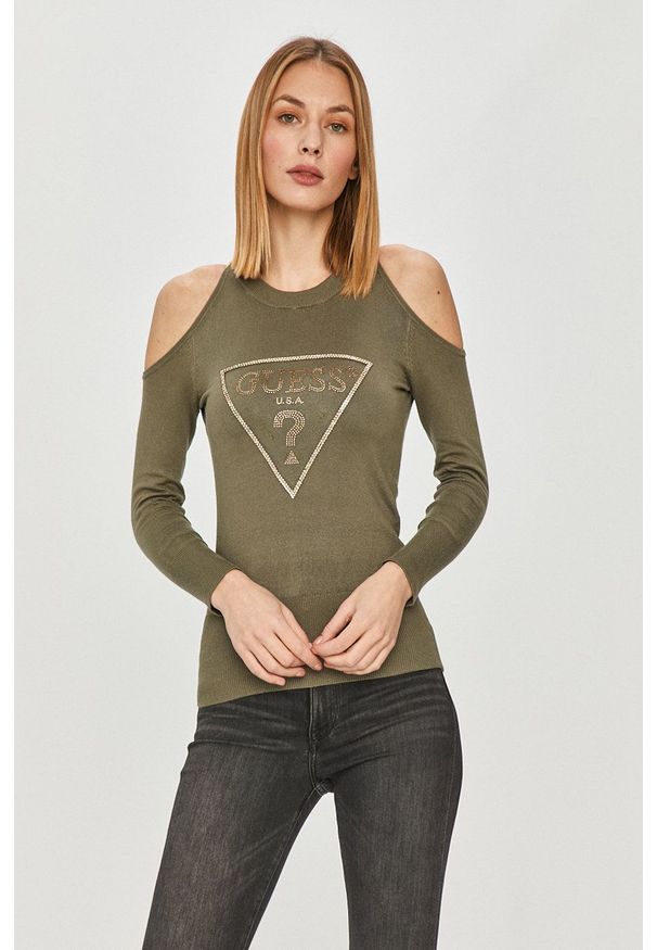 Guess - Sweter. Kolor: zielony. Materiał: dzianina. Długość rękawa: długi rękaw. Długość: długie. Wzór: aplikacja