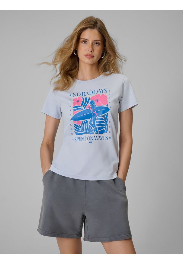 4f - 4F T-shirt regular z nadrukiem damski - niebieski XL. Okazja: na co dzień. Kolor: niebieski. Materiał: materiał, bawełna, dzianina. Wzór: nadruk. Styl: casual