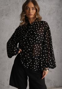 Renee - Czarna Półprzezroczysta Koszula w Kropki z Wiskozy i Bawełny z Wiązaniem Delmara. Kolor: czarny. Materiał: wiskoza, bawełna. Wzór: kropki. Styl: retro #1