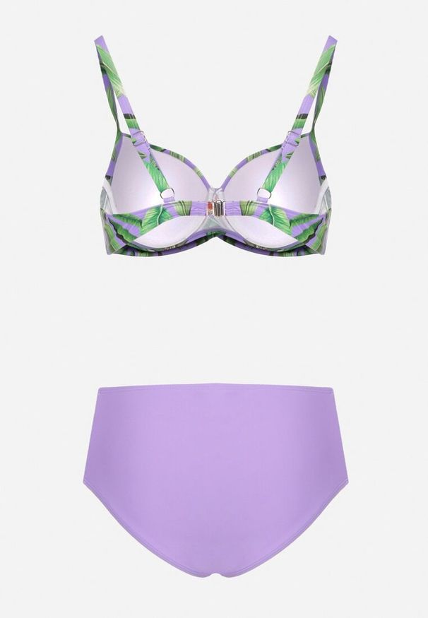 Renee - Fioletowe Bikini Biustonosz w Liście i Majtki Figi z Siateczkowymi Wstawkami Kinalea. Kolor: fioletowy. Wzór: aplikacja