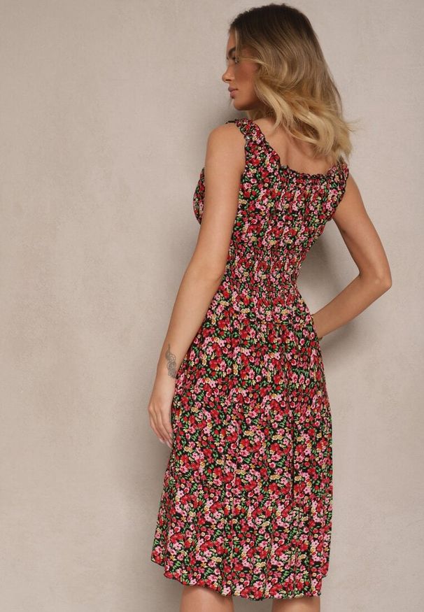 Renee - Czarna Bawełniana Sukienka z Guzikami o Rozkloszowanym Kroju w Kwiatowy Print Roniselle. Okazja: na co dzień. Kolor: czarny. Materiał: bawełna. Wzór: kwiaty, nadruk. Styl: casual, klasyczny, elegancki