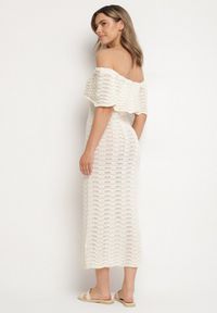 Born2be - Beżowa Ażurowa Sukienka o Fasonie Hiszpanki z Wywijanym Dekoltem Filiorra. Okazja: na co dzień. Typ kołnierza: dekolt hiszpanka. Kolor: beżowy. Materiał: jeans. Wzór: ażurowy. Styl: casual #7