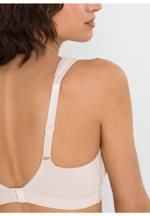 bonprix - Biustonosz minimizer bez fiszbinów z wyściełanymi ramiączkami. Kolor: beżowy. Materiał: poliamid, koronka. Wzór: koronka