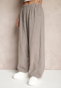 Renee - Szare Bawełniane Spodnie High Waist o Szerokim Kroju Velili. Okazja: na co dzień. Stan: podwyższony. Kolor: szary. Materiał: bawełna. Styl: elegancki, casual