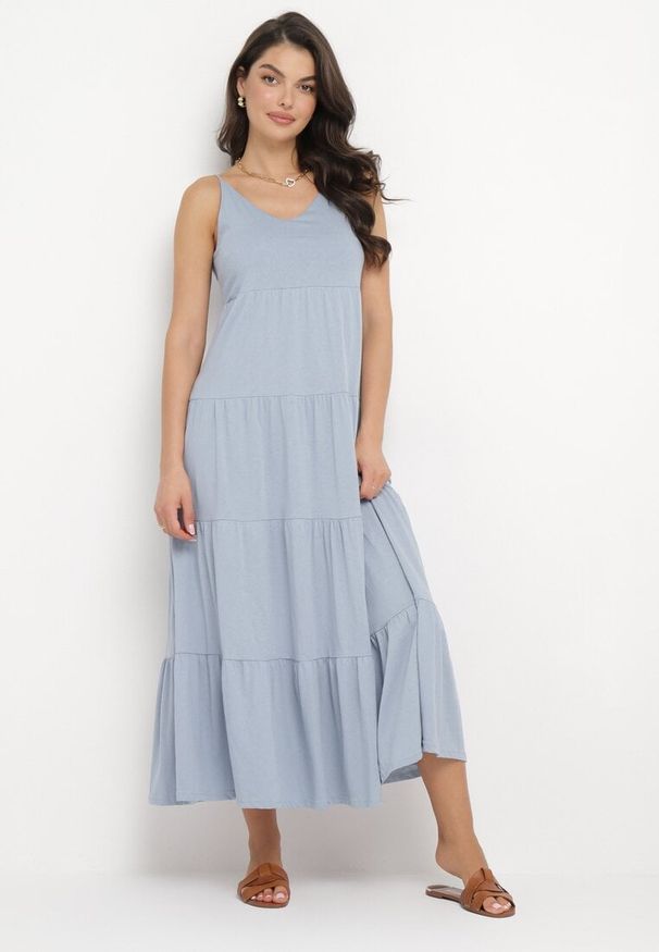 Born2be - Jasnoniebieska Sukienka z Bawełnianej Tkaniny z Wiązanymi Ramiączkami Esthenis. Okazja: na co dzień. Typ kołnierza: dekolt w kształcie V. Kolor: niebieski. Materiał: tkanina, bawełna. Długość rękawa: na ramiączkach. Sezon: lato. Typ sukienki: proste. Styl: casual, klasyczny