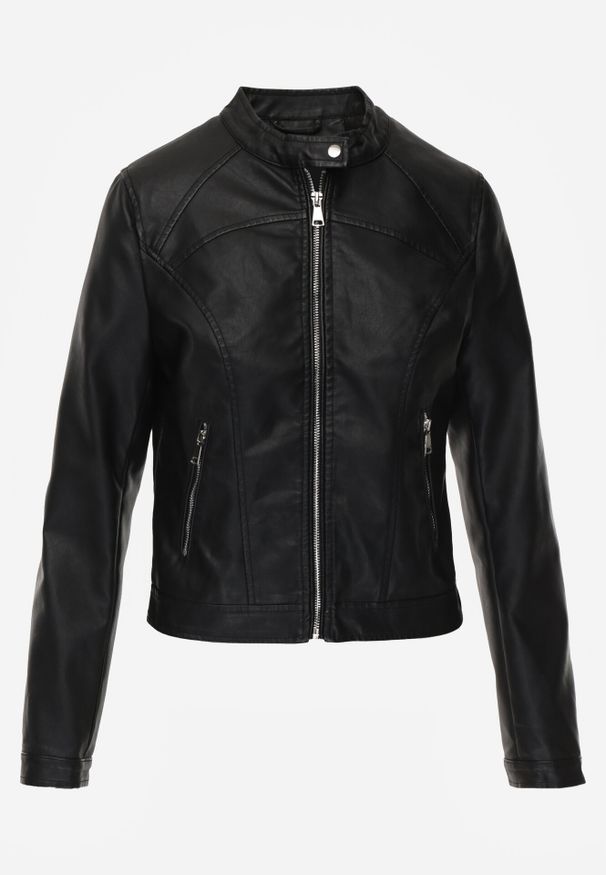 Born2be - Czarna Gładka Kurtka Ramoneska o Taliowanym Kroju Tessalin. Okazja: na co dzień. Kolor: czarny. Materiał: jeans, poliester. Wzór: gładki. Styl: casual