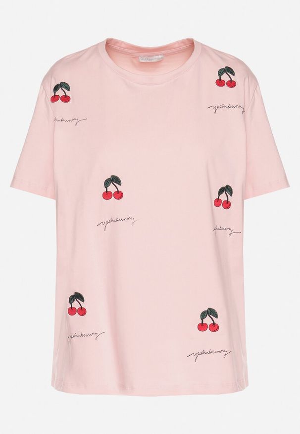 Born2be - Różowy Bawełniany T-shirt Zdobiony Haftem z Motywem w Wiśnie Nevianira. Okazja: na co dzień. Kolor: różowy. Materiał: bawełna. Wzór: aplikacja, haft. Styl: casual
