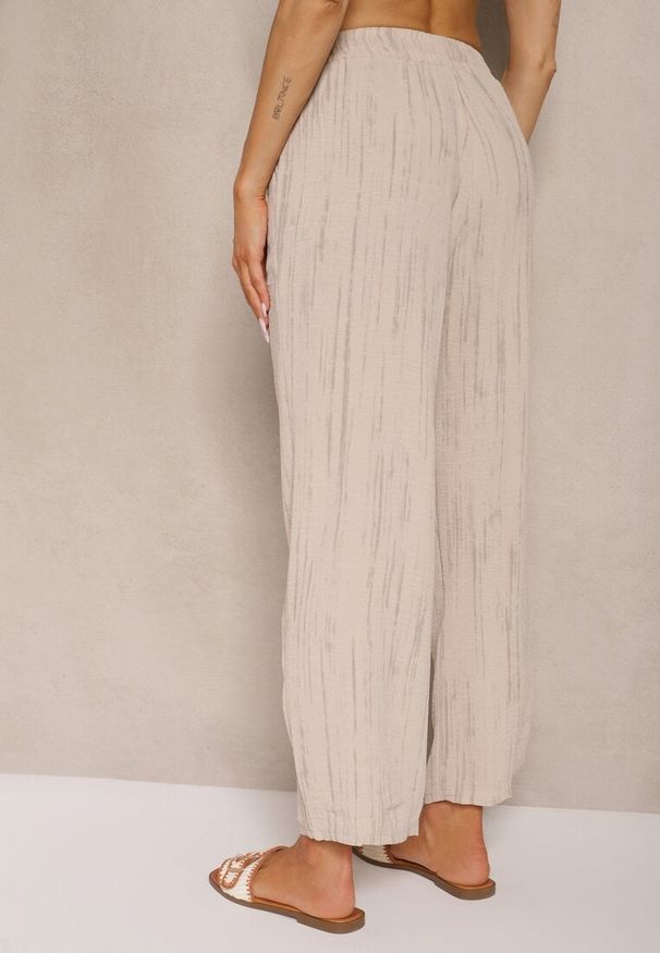 Renee - Beżowe Spodnie High Waist ze Sznurkiem Savurelle. Okazja: na co dzień. Stan: podwyższony. Kolor: beżowy. Wzór: aplikacja. Styl: sportowy, casual