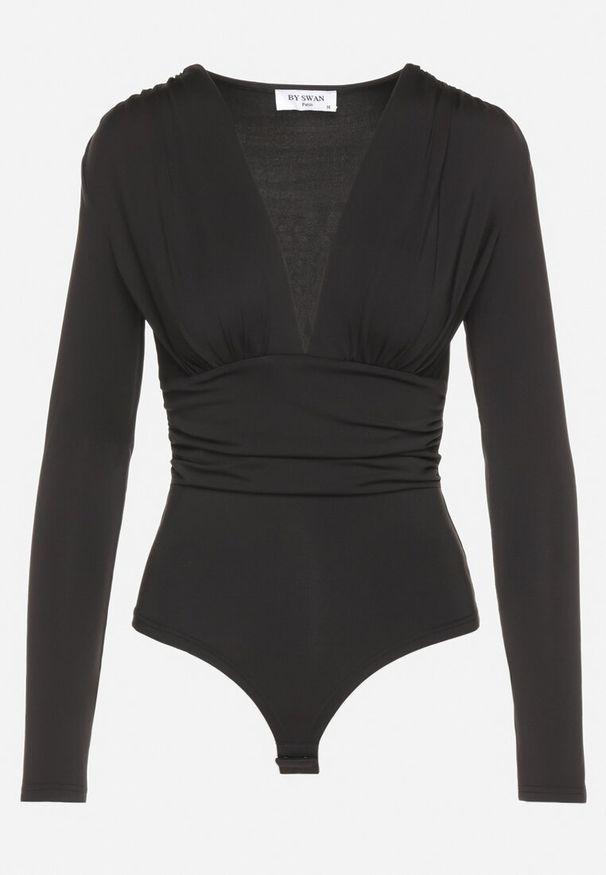 Born2be - Czarne Body z Głębokim Dekoltem i Marszczeniem w Talii Ilabra. Okazja: na co dzień. Kolor: czarny. Materiał: jeans. Styl: klasyczny, casual, elegancki