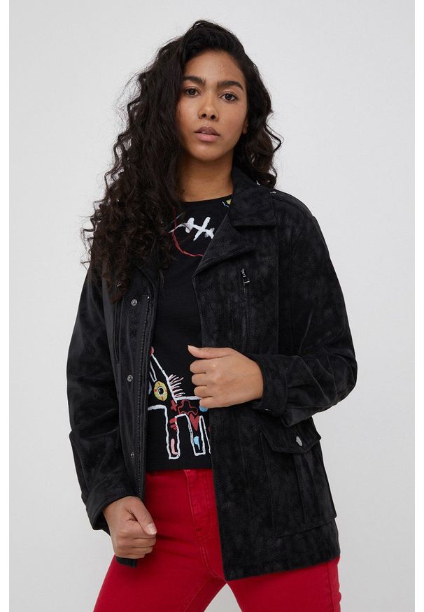 Desigual kurtka damska kolor czarny przejściowa. Okazja: na co dzień. Kolor: czarny. Materiał: włókno. Styl: casual