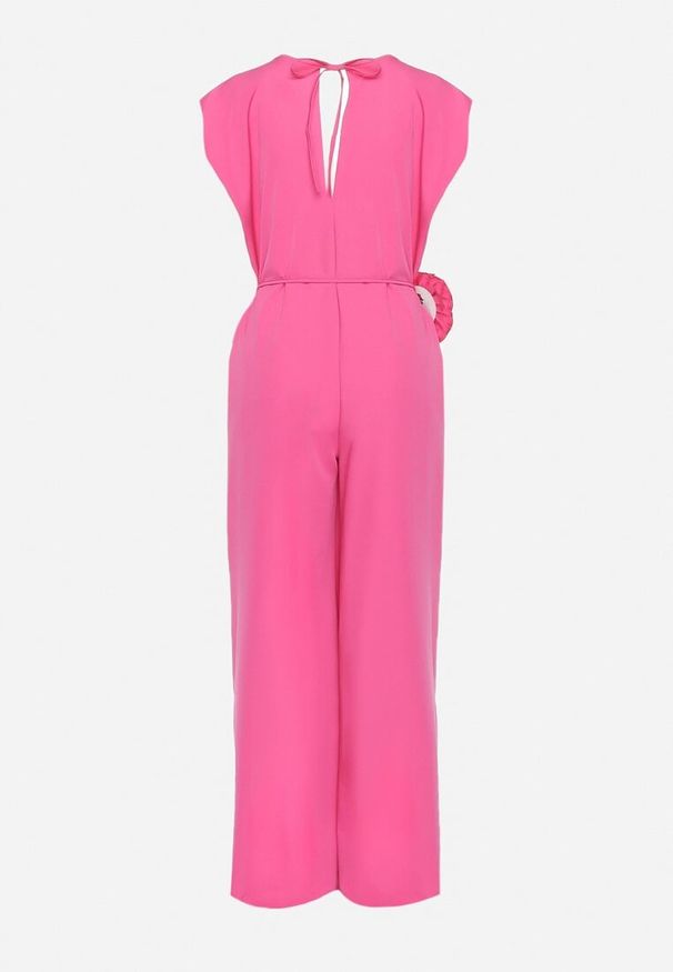 Born2be - Różowy Wiązany Kombinezon z Prostymi Nogawkami i Wiskozą oraz Kwiatową Aplikacją Dimenna. Kolor: różowy. Materiał: wiskoza. Wzór: aplikacja, kwiaty. Styl: elegancki