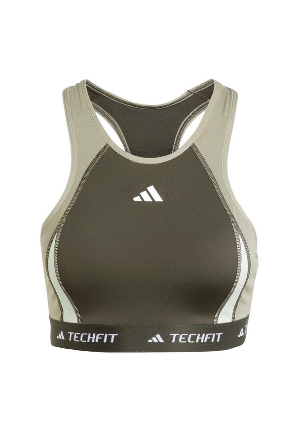 Adidas - Biustonosz Techfit Medium-Support High-Neck Colorblock. Kolor: zielony. Materiał: materiał. Technologia: Techfit (Adidas). Sport: fitness
