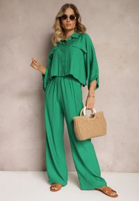 Renee - Zielony 2-Częściowy Komplet Wiskozowy Koszula Szerokie Spodnie z Gumką w Pasie Vimatthia. Kolor: zielony. Materiał: wiskoza