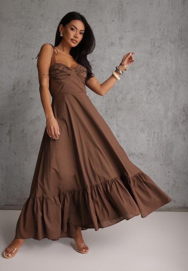 Renee - Brązowa Rozkloszowana Sukienka z Bawełny z Wiązanymi Ramiączkami Milistia. Okazja: na co dzień. Typ kołnierza: dekolt gorset. Kolor: brązowy. Materiał: bawełna. Długość rękawa: na ramiączkach. Typ sukienki: gorsetowe. Styl: casual, elegancki