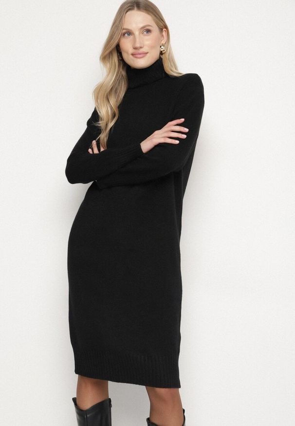 Born2be - Czarna Dzianinowa Sukienka z Bawełną o Prostym Kroju z Golfem Tesala. Okazja: do pracy, na spotkanie biznesowe. Typ kołnierza: golf. Kolor: czarny. Materiał: dzianina, bawełna. Wzór: jednolity. Typ sukienki: proste. Styl: klasyczny, biznesowy