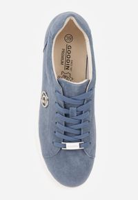 Renee - Niebieskie Skórzane Sneakersy na Platformie z Ozdobną Aplikacją z Boku Nesophia. Okazja: na co dzień. Kolor: niebieski. Materiał: skóra. Wzór: aplikacja. Obcas: na platformie #8