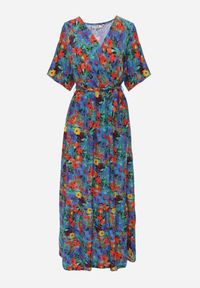 Renee - Niebiesko-Zielona Sukienka z Wiskozy Lylian. Kolor: niebieski. Materiał: wiskoza. Wzór: aplikacja, kwiaty. Sezon: lato. Typ sukienki: kopertowe. Styl: elegancki, retro. Długość: maxi #5