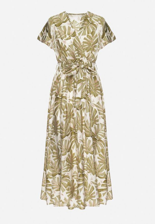 Born2be - Zielona Sukienka Ozdobiona Wzorem w Liście z Gumką i Paskiem w Talii Iselona. Okazja: na co dzień. Typ kołnierza: dekolt kopertowy. Kolor: zielony. Długość rękawa: krótki rękaw. Wzór: aplikacja. Sezon: wiosna, lato. Typ sukienki: kopertowe. Styl: casual