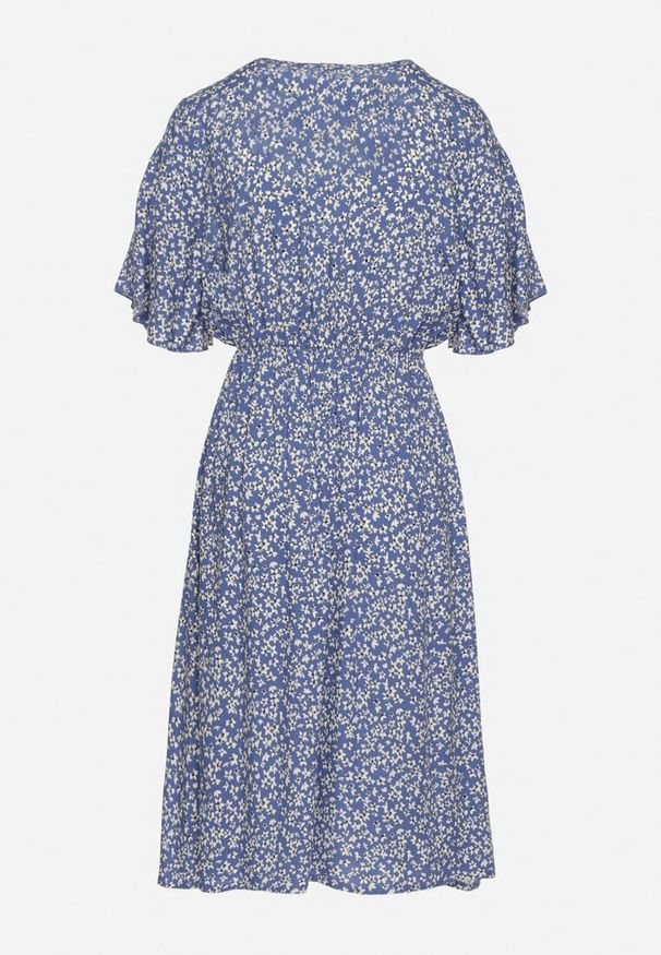 Born2be - Niebieska Sukienka z Bawełny Rozkloszowana w Kwiaty Esirive. Typ kołnierza: dekolt w kształcie V. Kolor: niebieski. Materiał: bawełna. Długość rękawa: krótki rękaw. Wzór: kwiaty