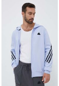 Adidas - adidas bluza męska kolor niebieski z kapturem z nadrukiem. Typ kołnierza: kaptur. Kolor: niebieski. Wzór: nadruk #1