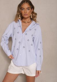 Renee - Niebiesko-Granatowa Koszula Oversize w Prążki Zdobiona Haftem w Serca Nitavela. Okazja: na co dzień. Kolor: niebieski. Materiał: jeans. Długość rękawa: długi rękaw. Długość: długie. Wzór: prążki, aplikacja, haft. Styl: casual, elegancki #5