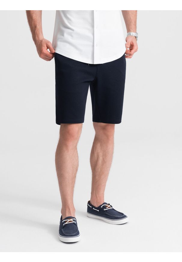 Ombre Clothing - Dzianinowe szorty męskie z ozdobną gumka w pasie - granatowe V1. Kolor: niebieski. Materiał: dzianina