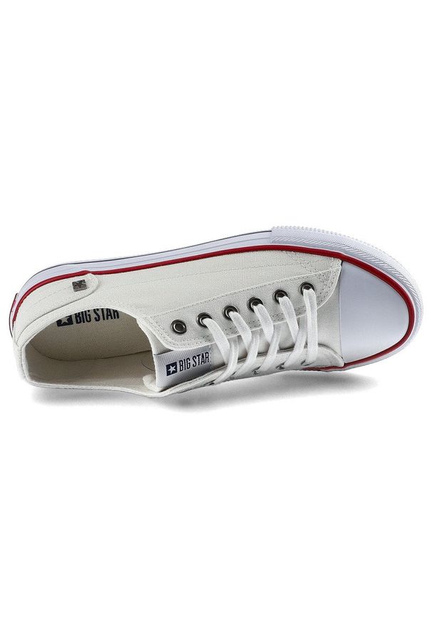 Big-Star - Trampki damskie Big Star, sportowe i sznurowane, białe, DD274336. Okazja: na uczelnię, na co dzień, na spacer. Zapięcie: pasek, sznurówki. Kolor: biały. Materiał: materiał, jeans, guma. Szerokość cholewki: normalna. Styl: sportowy, elegancki