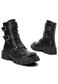 Czarne Botki S.Barski Modne Buty Damskie. Okazja: na co dzień. Zapięcie: klamry. Kolor: czarny. Materiał: skóra ekologiczna, materiał. Wzór: paski. Obcas: na obcasie. Styl: casual, elegancki. Wysokość obcasa: średni #9