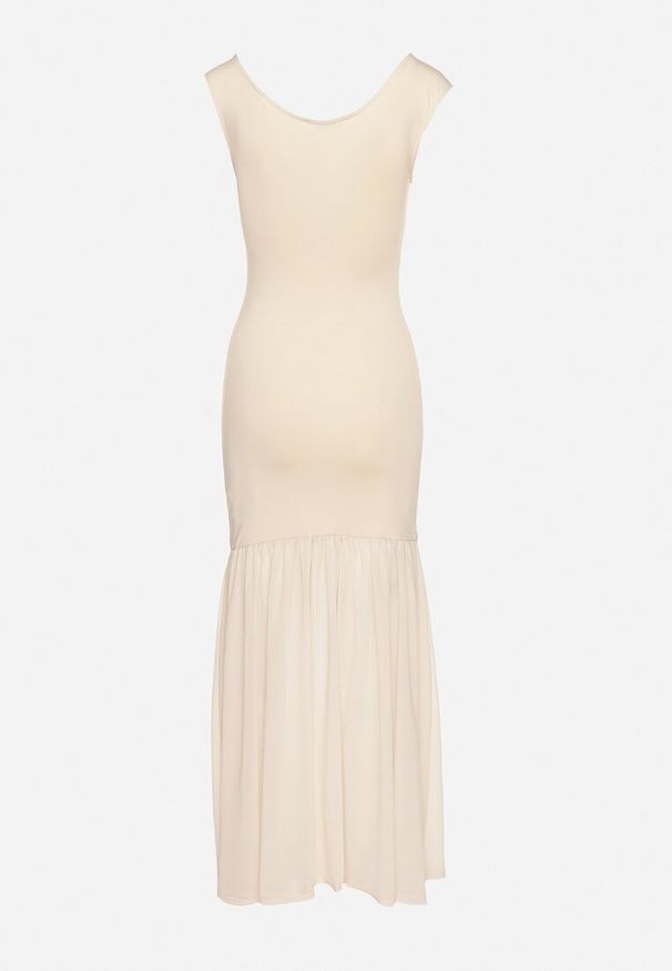 Born2be - Beżowa Koktajlowa Sukienka z Wiskozą Ozdobiona Marszczeniem Galapina. Okazja: na imprezę. Kolor: beżowy. Materiał: wiskoza. Wzór: aplikacja. Styl: wizytowy