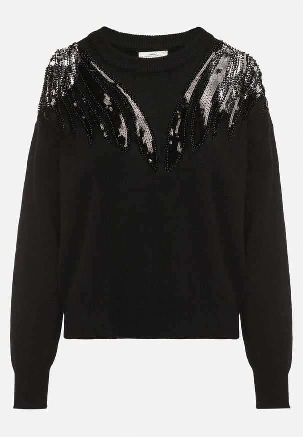 Born2be - Czarny Sweter z Siateczkowymi Wstawkami z Cekinami Perełkami i Koralikami Evoriana. Okazja: na co dzień. Kolor: czarny. Materiał: jeans. Styl: glamour, elegancki, casual