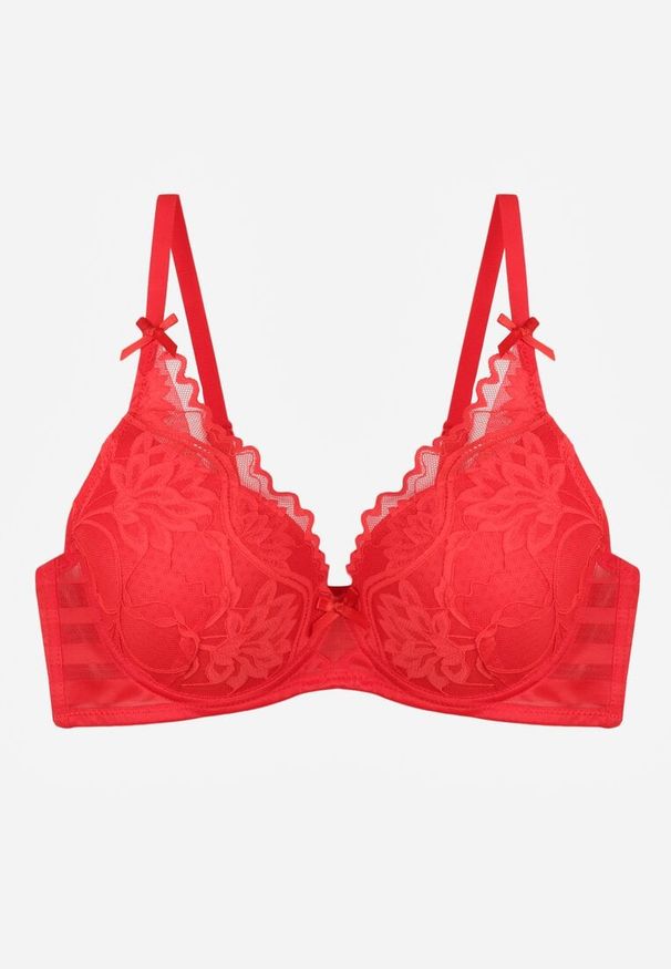 Born2be - Czerwony Koronkowy Biustonosz z Ozdobnymi Kokardkami na Ramiączkach Aeleolopei. Kolor: czerwony. Materiał: koronka. Wzór: aplikacja, koronka